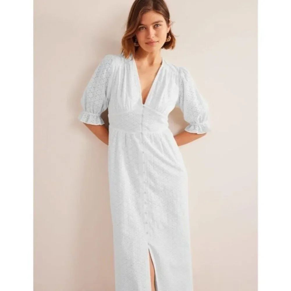 Boden Womens Eyelet Midi Dress UK 14P US 10P White Broderie D0591 NWT